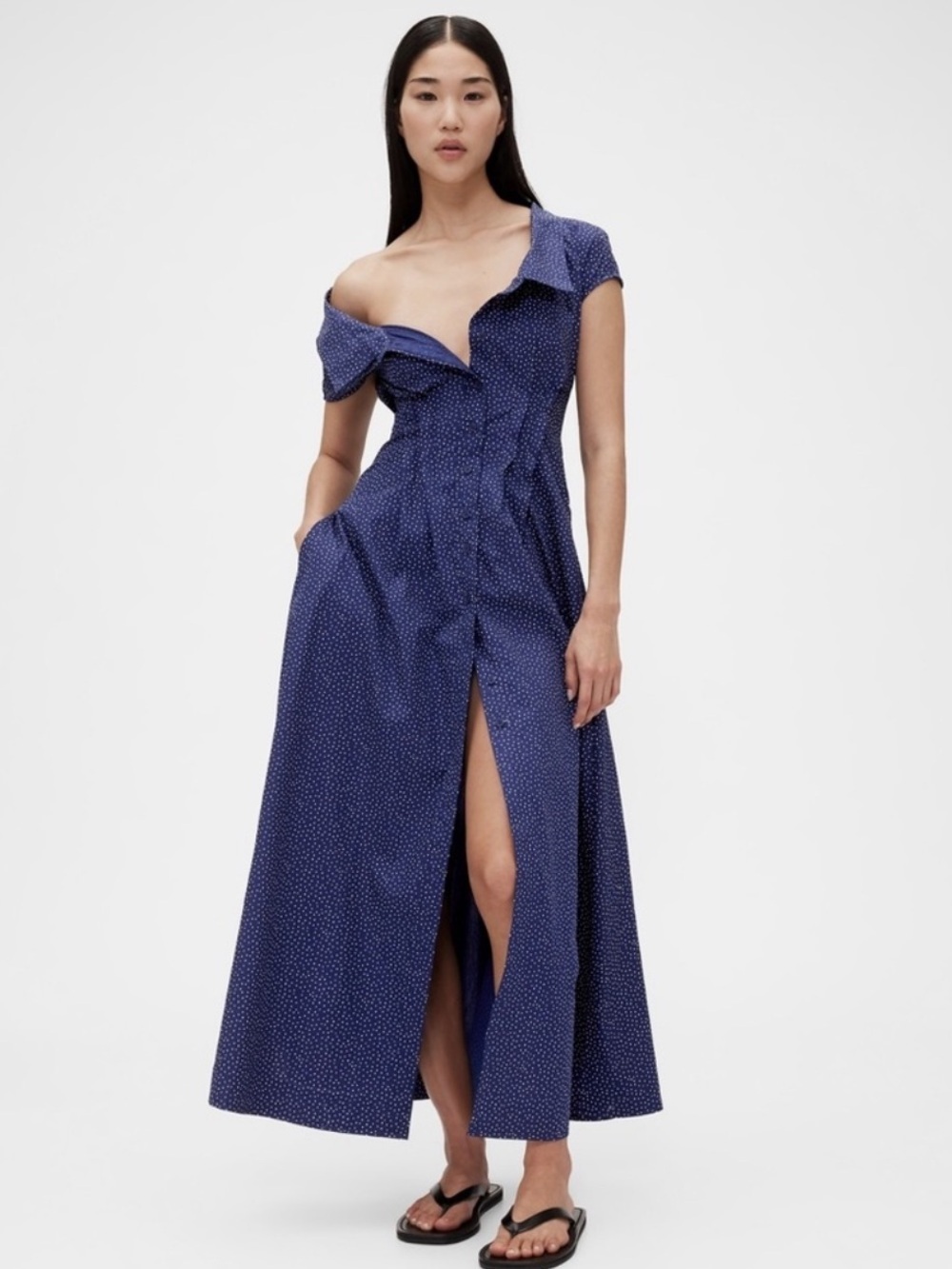 NWT! GapStudio Navy Blue Dot Poplin Maxi Shirtdress ✏️